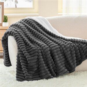 Sherpa Throw Blanket Grey Fleece Plush Cozy Soft Warm Striped Couch Blanket